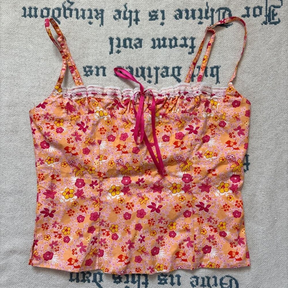 Pink and yellow ditsy floral corset bustier milkmaid top